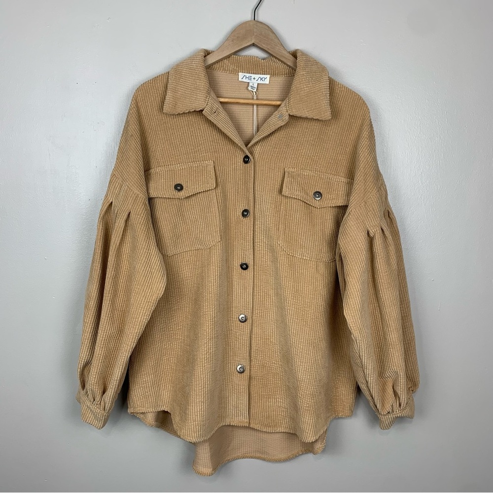She + Sky Tan Corduroy Shacket Puff Long Sleeve Top Size Large Fall Lagenlook